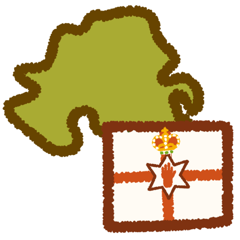 a green shape of the country of northern ireland, with the ulster banner flag. the interior flag design is outlined in red